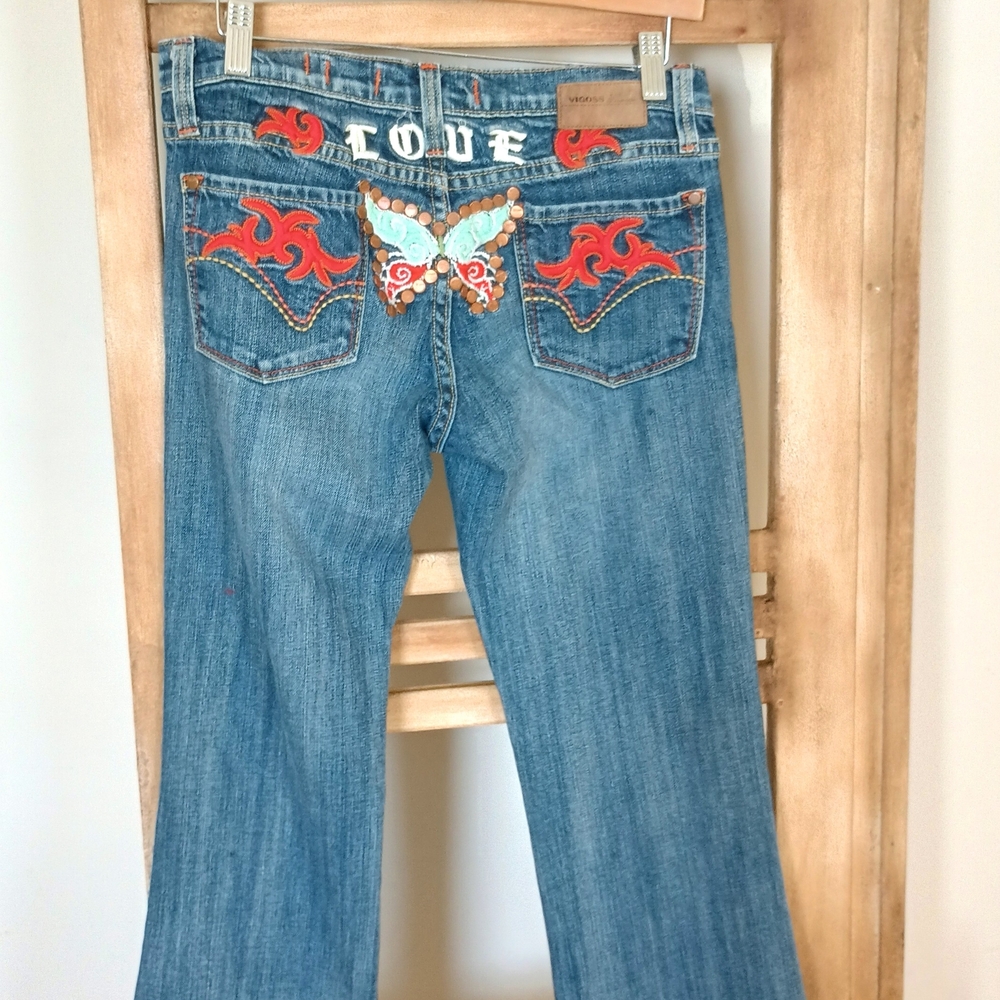 Vigoss Premium Embroidered Flare Wide Leg Jeans 5/6 Boot cut Butterfly Love